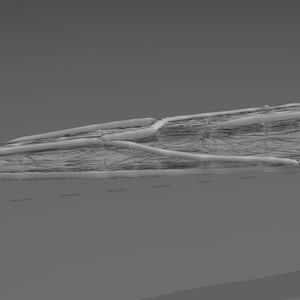 May include: A grayscale 3D model of a long, pointed object, possibly a spaceship or a futuristic weapon. The object has a complex, wireframe-like structure with various lines and shapes, suggesting a detailed design. The background is a solid, neutral gray.