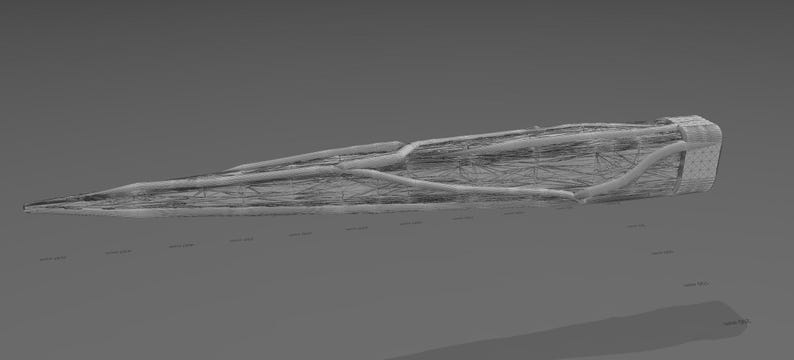 May include: A grayscale 3D model of a long, pointed object, possibly a spaceship or a futuristic weapon. The object has a complex, wireframe-like structure with various lines and shapes, suggesting a detailed design. The background is a solid, neutral gray.