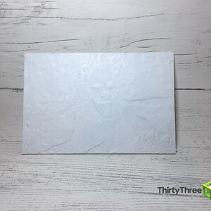 May include: A white, textured, rectangular card with a raised, embossed image of a snarling face.