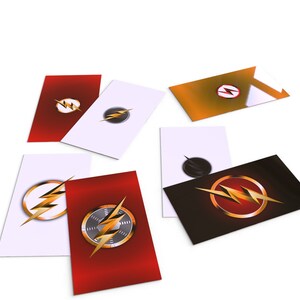 May include: Six different cards with the Flash logo on them. The logos are in different colors and styles, including red, white, black, and gold.
