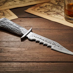 May include: A silver dagger with a serrated edge and an antler-like handle rests on a wooden surface. The blade features etched text. A glass of amber liquid sits nearby, with antique maps in the background.