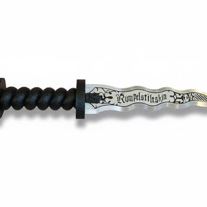 May include: A decorative dagger with a black handle and a silver blade. The handle has a twisted design, and the blade is inscribed with the word "Rumpelstiltskin". The pommel features a red accent.