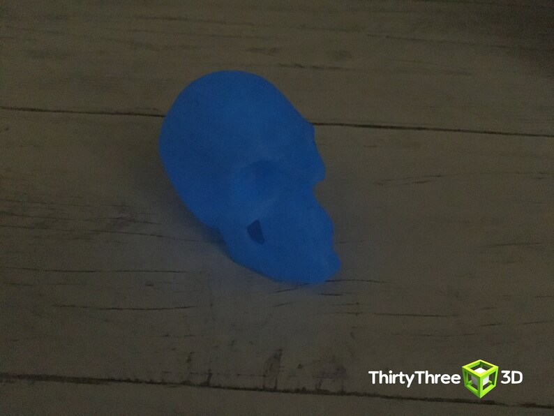 May include: A blue plastic skull figurine. The skull is smooth and has a glossy finish.