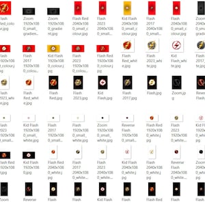 May include: A collection of digital images featuring the Flash logo in various colors, sizes, and styles. The images are labeled with file names and dimensions.