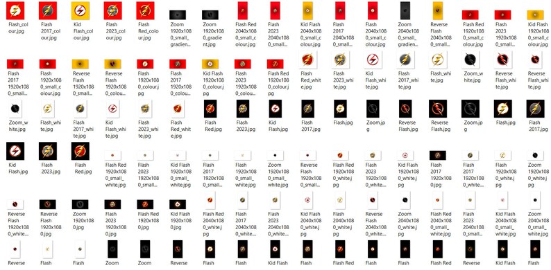 May include: A collection of digital images featuring the Flash logo in various colors, sizes, and styles. The images are labeled with file names and dimensions.