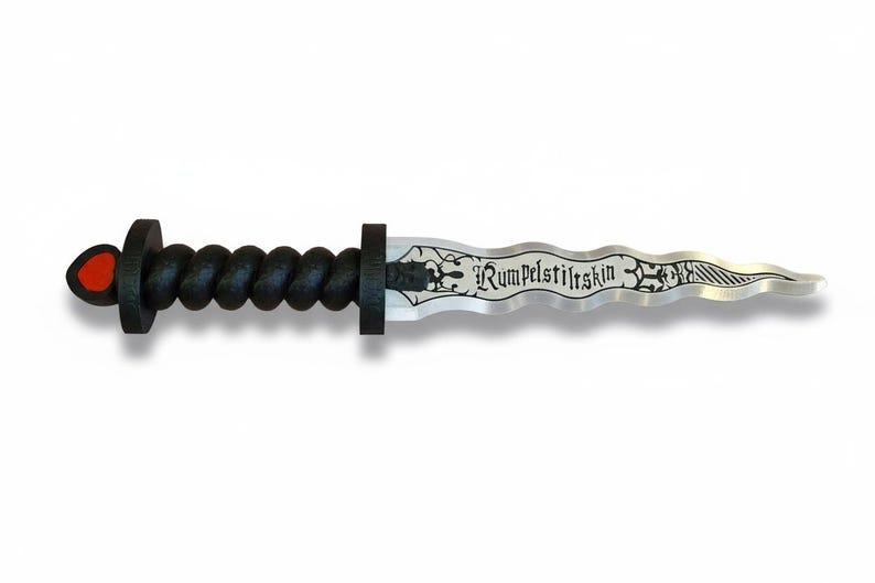May include: A decorative dagger with a black handle and a silver blade. The handle has a twisted design, and the blade is inscribed with the word "Rumpelstiltskin". The pommel features a red accent.