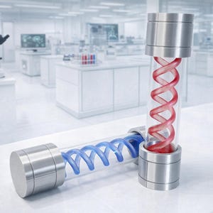 May include: Two clear cylindrical containers with metallic caps, one containing a red double helix and the other a blue one. The containers are on a white surface in a laboratory setting. A microscope and other lab equipment are visible in the background.
