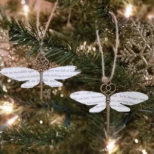 Flying key ornament with book page wings, Christmas ornament