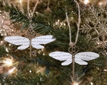 Flying key ornament with book page wings, Christmas ornament