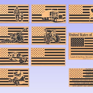 May include: A set of ten wooden American flag plaques with various images of professions and vehicles, including a firefighter, a combine harvester, a tractor, a semi-truck, an ambulance, a lawnmower, and a ribbon. The plaques feature the text "United States of America", "Land of the Free, Because of the Brave", and the Pledge of Allegiance.