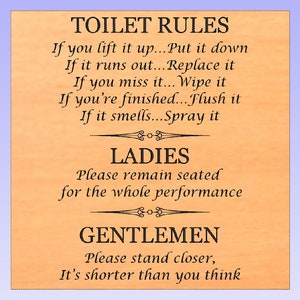May include: A humorous sign with the title "Toilet Rules" and a list of instructions for using the restroom. The sign also includes separate instructions for "Ladies" and "Gentlemen".
