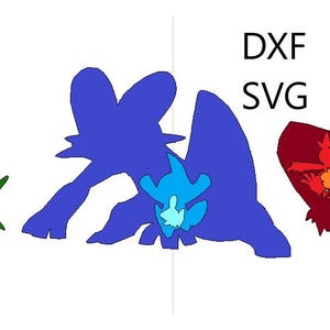 Peut inclure: Silhouettes de trois personnages Pokémon différents. Le premier est un Grovyle vert, le second est un Delcatty bleu et le troisième est un Blaziken rouge. Le texte "DXF SVG" est dans le coin supérieur droit de l'image.