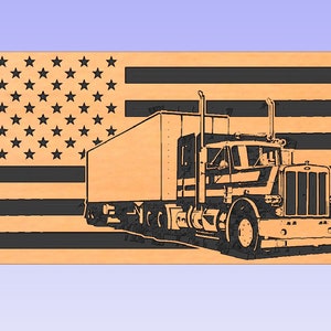 May include: A black and white silhouette of a semi-truck driving in front of an American flag. The flag is made of wood and has a distressed look.