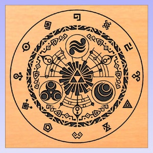 May include: A wooden carving featuring a circular design with intricate black patterns. The central element is a triangle, surrounded by stylized symbols and shapes. The overall aesthetic suggests a fantasy or gaming theme.