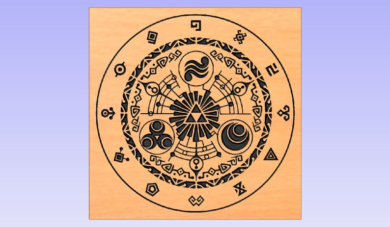 May include: A wooden carving featuring a circular design with intricate black patterns. The central element is a triangle, surrounded by stylized symbols and shapes. The overall aesthetic suggests a fantasy or gaming theme.