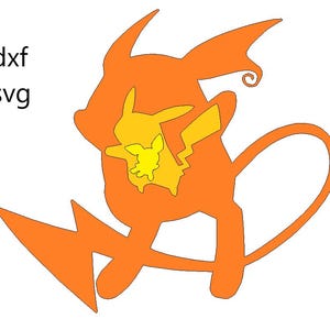 Peut inclure: Une silhouette orange et jaune de Pikachu et Raichu, deux Pokémon. Les deux Pokémon font face à droite de l'image. La queue de Raichu est enroulée en cercle.