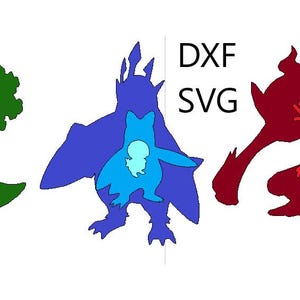 May include: Three layered silhouette designs of Pokemon characters. The first is a green and yellow Tyrantrum, the second is a blue and light blue Dragonair, and the third is a red and orange Charizard.