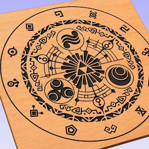 May include: A square wooden plaque with a detailed black engraved design. The design features a central triangle, surrounded by circular patterns, symbols, and geometric shapes. The wood has a light brown color.
