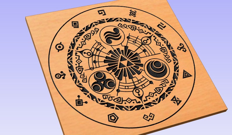 May include: A square wooden plaque with a detailed black engraved design. The design features a central triangle, surrounded by circular patterns, symbols, and geometric shapes. The wood has a light brown color.