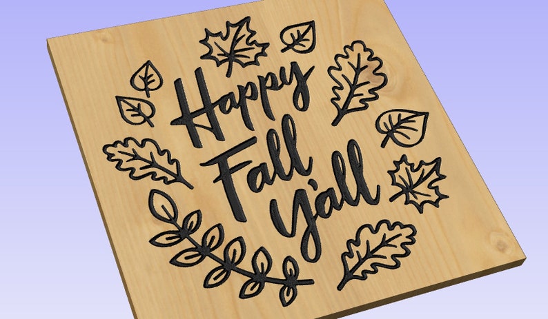K&ouml;nnte beinhalten: Quadratisches Holzschild mit dem Schriftzug "Happy Fall Y'all" in schwarzer Schrift, umgeben von schwarzen Bl&auml;tterillustrationen. Das Schild ist aus hellem Holz gefertigt, ideal f&uuml;r die Herbstdekoration.