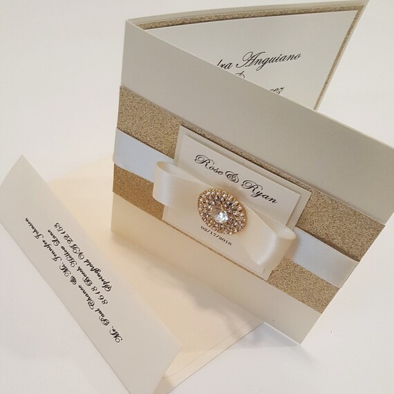 Gold Glitter with Belly Band *SAMPLE ONLY* 3Tier Rose Gold Wedding Invitation