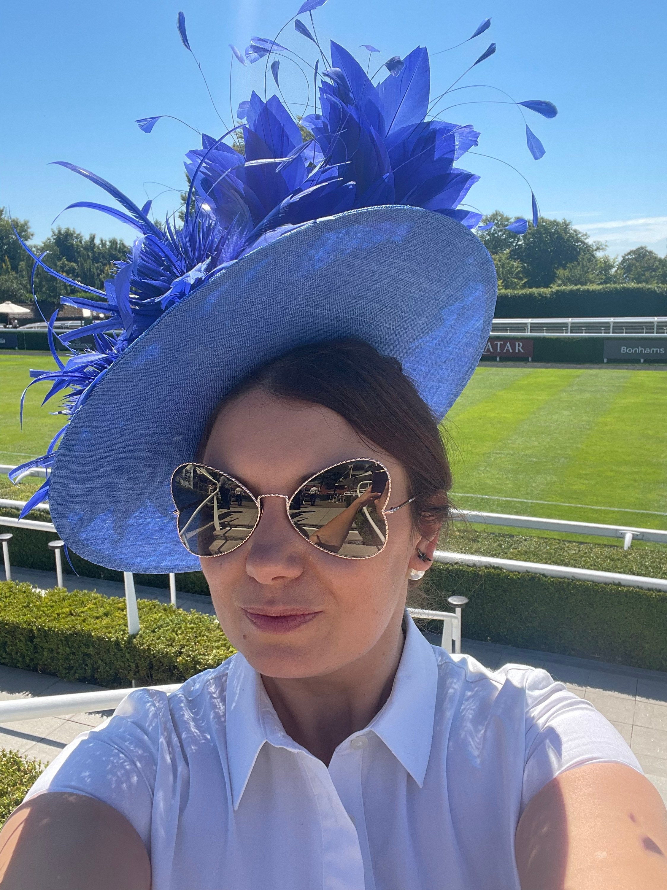 FrogAndCrown17 Royal Blue Boater Hat, Electric Blue , Royal Blue Fascinator, Feathers Flowers Any Colour Made to to Order Anna Gilder Millinery