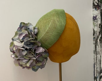 Green lilac hydrangea hat, 1950s style pillbox, 1960s hat