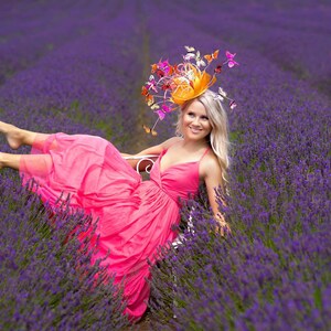 Butterfly fascinator , hat orange , yellow pink fuchsia 3D royal ascot epsom derby racing wedding , ladies day , Anna Gilder millinery image 2