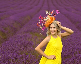 Fascinador de mariposa, sombrero naranja, amarillo rosa fucsia 3D royal ascot epsom derby racing boda, día de las damas, sombrerería Anna Gilder