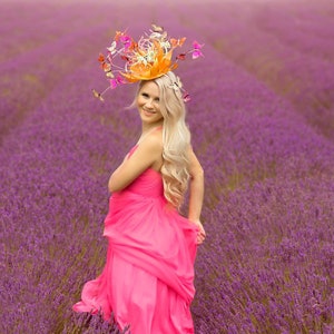 Butterfly fascinator , hat orange , yellow pink fuchsia 3D royal ascot epsom derby racing wedding , ladies day , Anna Gilder millinery image 3