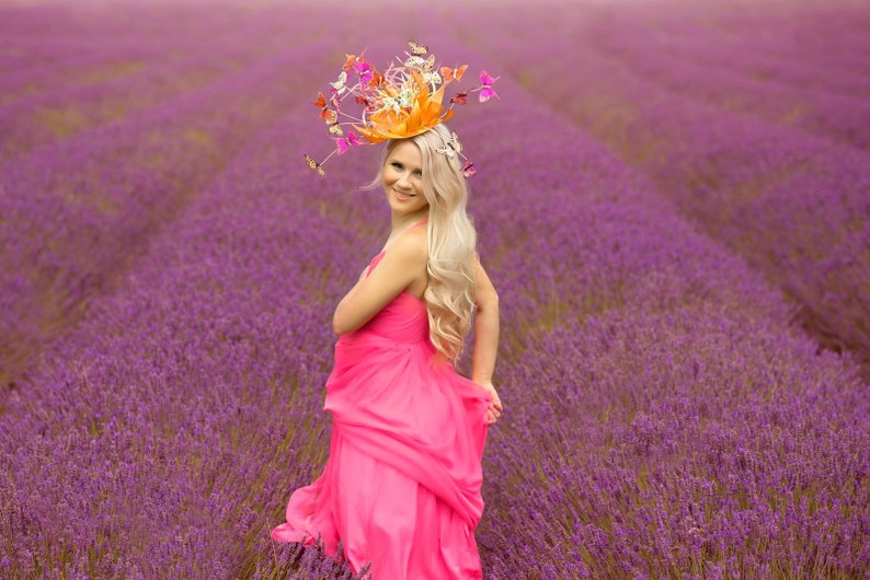 Butterfly fascinator , hat orange , yellow pink fuchsia 3D royal ascot epsom derby racing wedding , ladies day , Anna Gilder millinery image 3