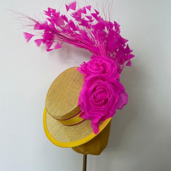 Yellow boater hat , royal Ascot Fascinator, epsom derby hat, gold headpiece, millinery hot pink , fuchsia flowers and feathers