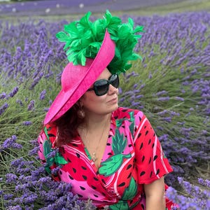 Fuchsia green hat, formal hat , Kentucky Derby hat , Kelly green , emerald fascinator, pink hat, hot pink , millinery hat , royal ascot hat