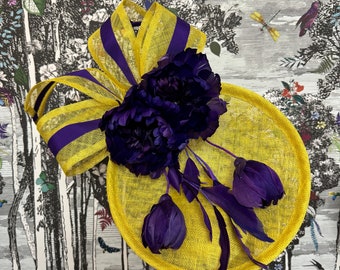 yellow purple fascinator , saucer hat , ultraviolet peony, peonies hat , millinery , formal hat Ascot , ladies day , epsom derby , Kentucky