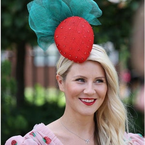 Strawberry hat fascinator, red green Ascot  headpiece, Kentucky derby , epsom horse racing ladies day sinamay hat Anna Gilder millinery