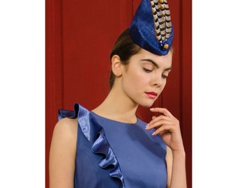 Royal Blue sinamay fascinator hat wedding guest epsom derby ladies day feathers tiger print ascot pillbox structural