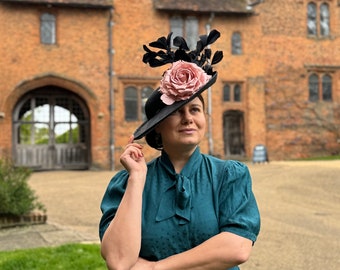 black powder pink hat , wide brim hat , black hat with pink silk rose , feather fascinator , Anna Gilder millinery , couture millinery