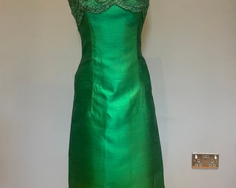 Classy 1960s  Emerald green dress, bow princess dress, 60s  couture, made in England, new look dior-esque size s, 8 uk vintage cocktail gown