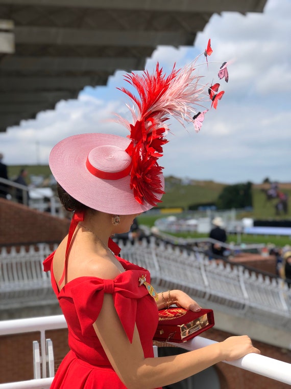 Pink Straw Red Flowers Mini Boater Hat 