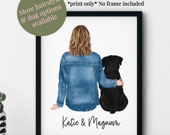 Personalized Print Girl with Dog, Best Friend Gift, Dog Mom Wall Art,  Custom Pet Gift, Memorial Pet Gift, Cat Mom