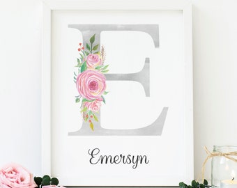Baby Girl Personalized Gift, UNFRAMED Nursery Art Girl's Name Sign, Floral Monogram Flowers Print, Girls Name Print