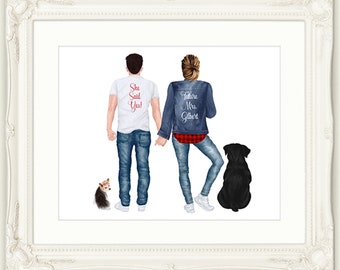 Personalized Engagement Gift For Couple, Future Mrs Gift, Custom Couples Portrait, Custom Print with Dogs and Cats, Engaged Announcement