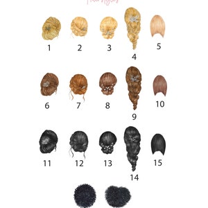 May include: An illustration featuring 17 different hairstyles, numbered 1 through 17. The hairstyles range from updos and braids to loose styles, with varying hair colors including blonde, brown, and black. The text "Copper & Toad Hairstyles" is at the top.