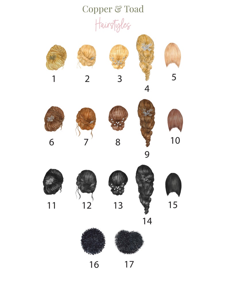 May include: An illustration featuring 17 different hairstyles, numbered 1 through 17. The hairstyles range from updos and braids to loose styles, with varying hair colors including blonde, brown, and black. The text "Copper & Toad Hairstyles" is at the top.
