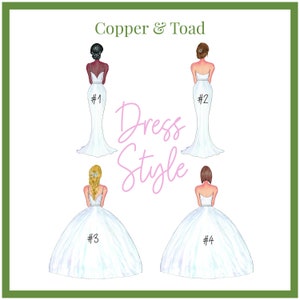 May include: Illustration of four different wedding dress styles, each with a unique silhouette. The image includes the text "Copper & Toad" and "Dress Style". Each dress is numbered, with the models facing away.