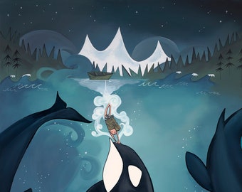 Puede incluir: Una niña con un traje de baño azul nada con una orca negra y blanca en un océano azul oscuro. La orca está saltando fuera del agua y la niña se está agarrando a su aleta. El fondo es un cielo azul oscuro con estrellas blancas y una cordillera nevada.