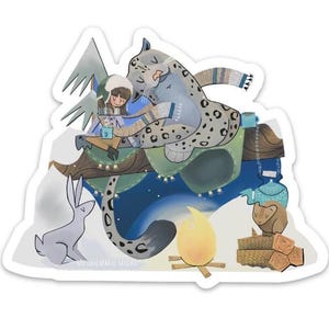 May include: A snowy owl with a girl sitting on a branch, a rabbit and a small cat are nearby. The scene is set in a snowy forest with a campfire in the foreground. The text "remarkable mice" is visible in the bottom right corner.