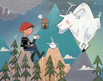 May include: A whimsical illustration of a person wearing a red hat and a black sweater sitting on a mountaintop with a cup of coffee. A white goat with a blue bird perched on its back is in the background. The scene is set against a blue sky with clouds and stars.