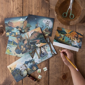 May include: A set of six illustrated greeting cards featuring whimsical scenes with woodland creatures and landscapes. The cards are printed on high-quality cardstock and come with envelopes.