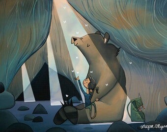 May include: A brown bear with a friendly expression sits with a person in a blue shirt under a blue and brown patterned canopy. White butterflies float in the air. The scene is painted in a whimsical style.